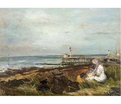 null Eduardo Léon GARRIDO ( 1856-1949 ) 
Elégante en bord de mer.
Huile sur isorel...