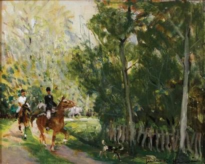 null HERVÉ, Jules René (1887-1981)
" Cavaliers dans un sous bois "
Huile sur panneau,...