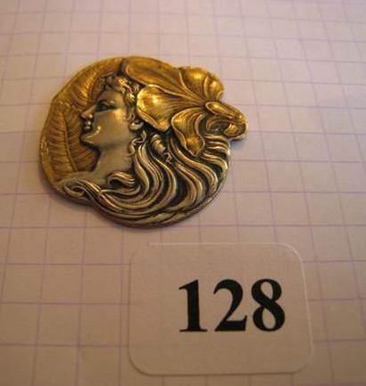 null 1 bouton Art Nouveau en métal blanc et doré, profil de femme (D29mm)