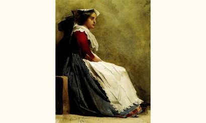 null Pierre Nicolas BRISSET (1810-1890) 
Jeune Romaine
Aquarelle, signée en bas à...