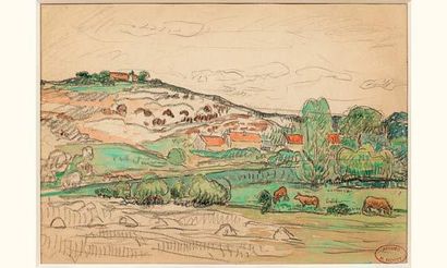 null Henry MORET (1856-1913).
"Paysage de Bretagne"
Aquarelle, signée du cachet....