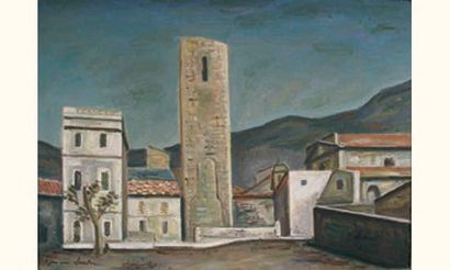 null Ecole de Paris, vers 1940.
"Village à la citadelle"
Huile sur toile, signature...