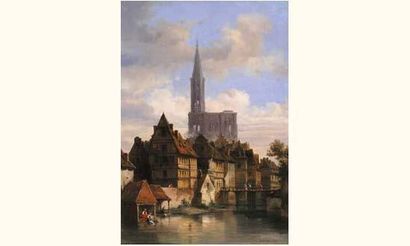 null Justin P. OUVRIE (1806-1879) 
« Strasbourg, la Petite France » 
Huile sur toile,...
