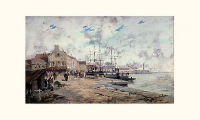 null Eugène GALIEN LALOUE (1854-1941) 
« Scène de port en Normandie »
Gouache, signée...