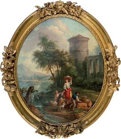  Ecole française du XVIIIe siècle Les lavandières Huile sur toile, ovale. Haut. :...