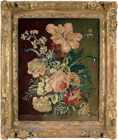 null Tableau en tapisserie fine de Beauvais représentant un bouquet de fleurs de...