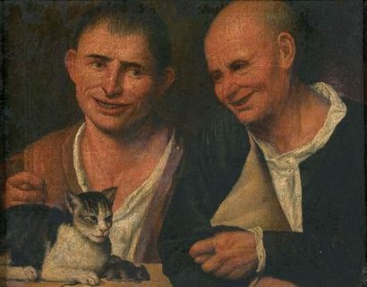  ÉCOLE BOLONAISE vers 1600 Deux hommes jouant avec un chat et une souris Huile sur...