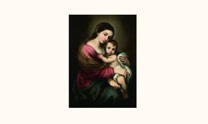  ÉCOLE ESPAGNOLE du XVIIe siècle Vierge à l'enfant Huile sur toile. (Quelques usures...