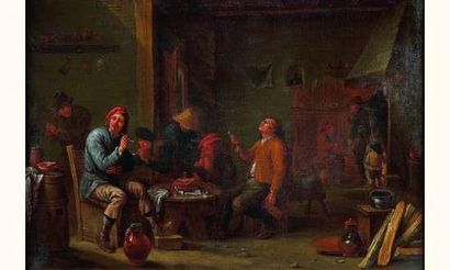  ÉCOLE FLAMANDE vers 1720, suiveur de David TENIERS Fumeurs dans une auberge Huile...