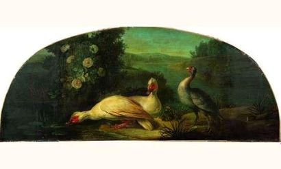  ÉCOLE FRANÇAISE du XVIIIe siècle Canards de barbarie et pintade au bord d'un étang...