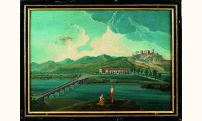  ÉCOLE FRANÇAISE vers 1770 vue d'un château fort ruiné et d'un monastère, au bord...