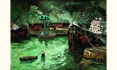 null L.P. Robert LAVOINE (Caluire 1916-1999)
Le port de nantes
Huile sur toile, signée...