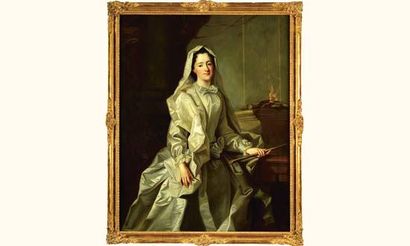null ECOLE FRANÇAISE vers 1760
Portrait d'une jeune femme en vestale, debout, tisonnant...