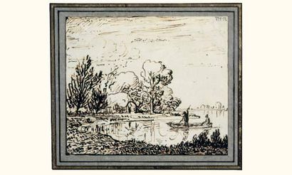 null Théodore ROUSSEAU (1812-1867)
Deux personnages en barque dans un paysage
Plume...