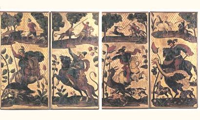 null Suite de quatre panneaux en cuir à fond d'or gauffré représentant quatre cavaliers...