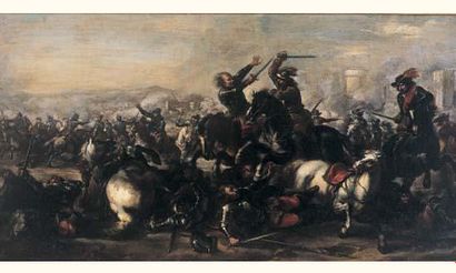 null Attribué à Francesco SIMONINI (Parme 1686-1753)
Choc de cavalerie au pied d'une...