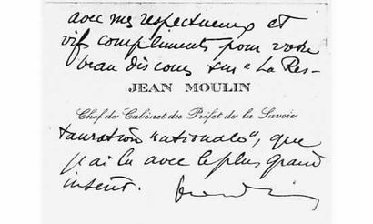 null Jean MOULIN. Carte de visite autographe signée (1922)
Estimation : 2000 FF
Comme...