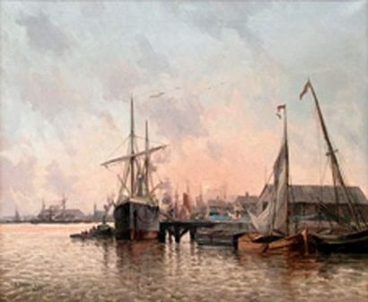 null Émile Louis VERNIER (1829-1887)
Bateaux à quai à Anvers
Huile sur toile signée...