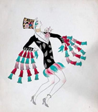 null George BARBIER (1882-1932)
Femme en veste noire et pompons de couleurs
Dessin...