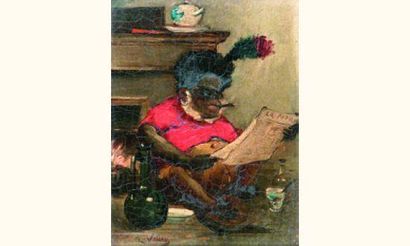 null Alexis VOLLON, (1865-1945)
« Singe fumeur lisant le journal »
Huile sur panneau,...