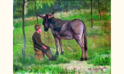 null ÉCOLE ANGLAISE, XIXe siècle
« Jeune garçon assis près de sa monture, 1882 »
Huile...