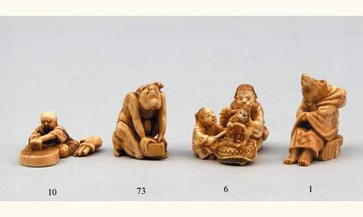 null Netsuke en ivoire représentant un artisan taillant une meule.

Signé Gyoku Zan....