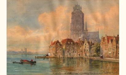 null Justin OUVRIE 1806-1879
Vue d'Utrecht, 1871
Aquarelle signée en bas à droite,...