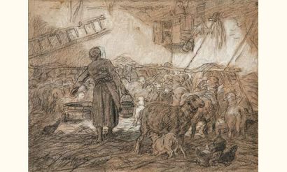null Charles JACQUE 1813-1894
Bergère et ses moutons dans la bergerie
Dessin au crayon...