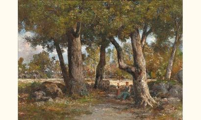 null Ernest GUILLEMER 1839-1913
Paysans sous la frondaison des arbres
Huile sur toile...