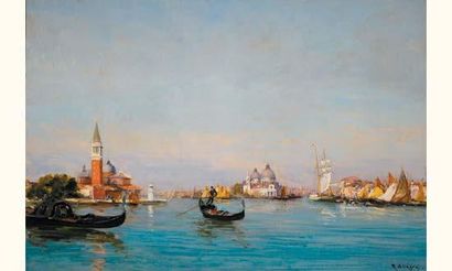 null Raymond ALLEGRE 1857-1933
Voiliers et gondoles sur le grand canal à Venise
Huile...