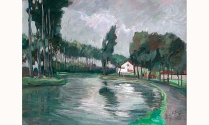 null Fernand HERBO 1905-1995.
“Canal de Claye Souilly”.
Huile sur carton signée en...