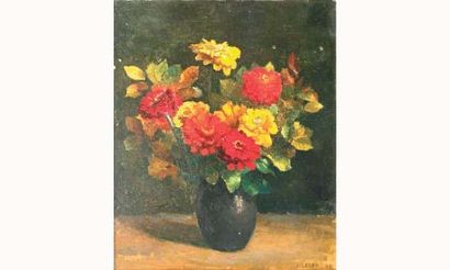 null J. LELEU.
“Bouquet de fleurs, 1943”.
Huile sur carton signée en bas à droite,...