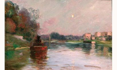null Paul MADELINE 1863-1920.
“Péniche sur la rivière”.
Huile sur toile signée en...