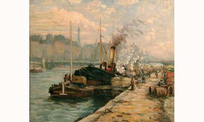null Gustave MADELAIN 1867-1944.
“Remorqueur à quai sur la Seine à Paris”.
Huile...