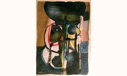 null Ladislas KIJNO né en 1921.
“Composition”.
Technique mixte sur papier froissé...