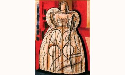 null Marcel GROMAIRE 1892-1971.
“Femme debout en robe, 1952”.
Aquarelle et encre...