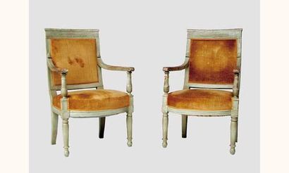 null Paire de fauteuils en bois laqué et sculpté à décor de palmettes et rosaces.
Style...