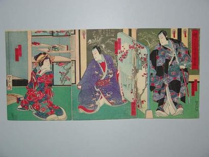 null JAPON
Estampe de Yoshitaki, triptyque, trois acteurs sur scène. Vers 1860.