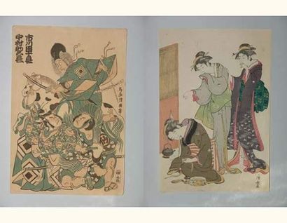 null JAPON
Deux estampes de Kiyonaga et Kiyohiro, trois jeunes femmes et acteurs....