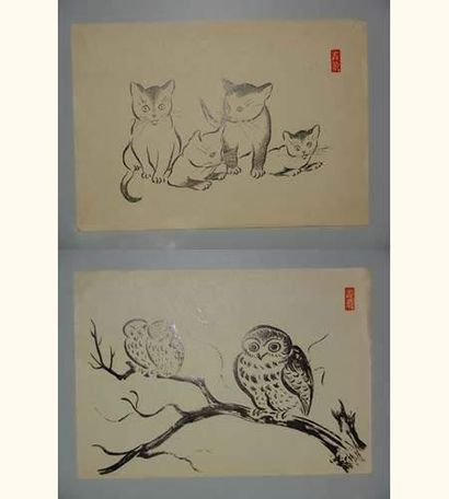 null JAPON
Deux estampes de Girin, chatons et hiboux. Vers 1930.