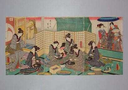 null JAPON
Estampe de Toyokuni III, triptyque, des jeunes femmes préparent un repas....