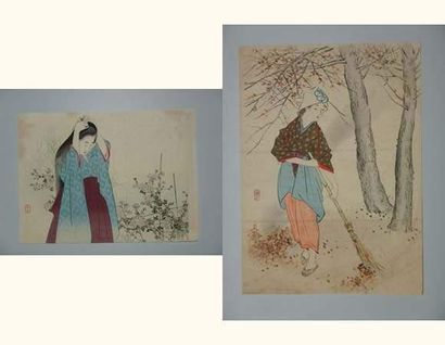 null JAPON
Deux estampes de Keishu, représentant deux jeunes femmes. Vers 1880.