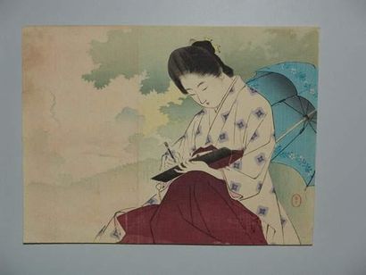 null JAPON
Estampe de Toshikata, une jeune femme assise et dessinant.
Vers 1890.