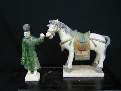 null MING (1368 - 1644 ap. J.C.)
Palefrenier debout avec son cheval.
En terre cuite...