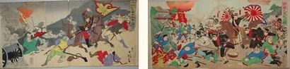 null JAPON
Deux estampes de Kokunimasa et Nobukazu, triptyque, scènes de guerre sino-japonaise....