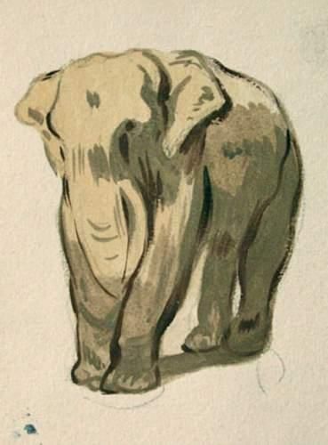 null Paul JOUVE (1878-1973)
« Éléphant à l'arrêt, de trois-quart gauche ».
Aquarelle...