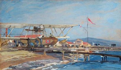 null BRENET Albert
« Préparation d'un hydravion sur l'étang de Berre ».
Aquarelle...