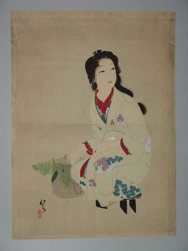 null JAPON
Estampe de l'école de Tokyo, une jeune femme assise, préparant l'ikebana...
