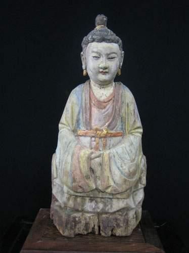 null T'SING ( XVIIIe siècle )
Déesse assise en méditation.
En bois sculpté polychrome.
H...