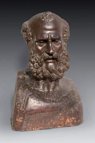 null Buste en bois sculpté à décor de tête de philosophe grec barbu, porte le n°...
